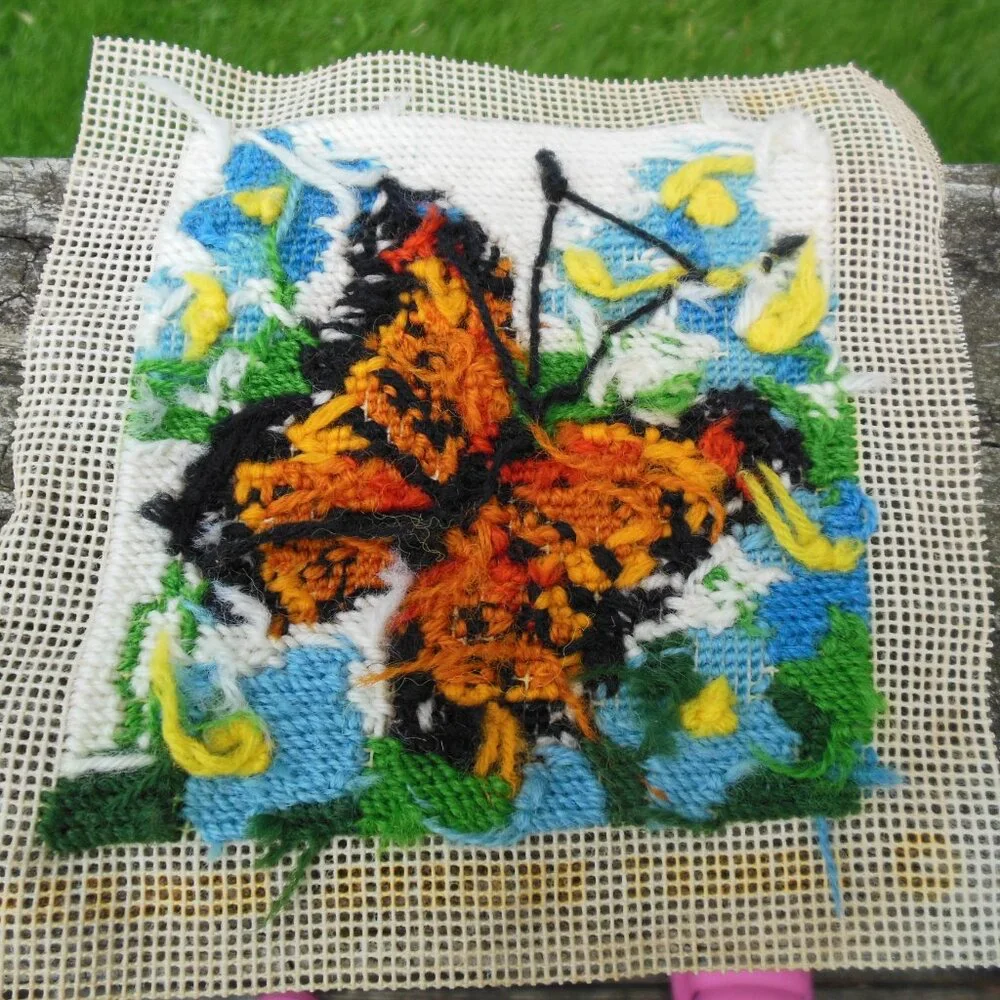 finished crewel needlepoint picture of Monarch butterfly vintage unframed 1970s